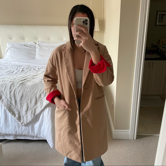 Topshop Beige Peacoat with red lining - Picture 2 of 3